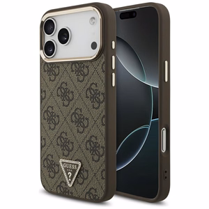 Guess PU Leather 4G Strass Triangle Logo Gold Frame MagSafe -kuori Apple iPhone 18 Pro Max -puhelimelle, ruskea