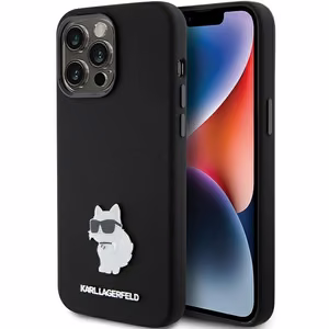 Karl Lagerfeld Silikoninen Choupette Metal Pin Suojakuori iPhone 15 Prolle - musta