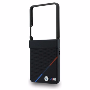 Musta BMW M Leather Perforated Tricolor Stripe Metal Logos -suojakuori MagSafe-tuella Samsung Galaxy Z Flip8 -puhelimelle