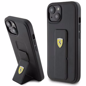 Ferrari Grip Stand Metal Logo Suojakuori iPhone 15:lle - musta