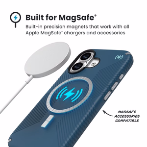 Speck Presidio2 Grip MagSafe suojakuori iPhone 17 -laitteelle, Deep Sea / Silver Metallic -värinen