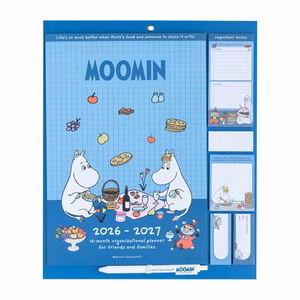 Moomins magneettinen kuukausikalenteri ja suunnittelija, 2026/2027, 30 × 34 cm