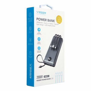 Ulkoinen akku Veger C20 (W2047 / W2059) 20000 mAh sisäänrakennetuilla Micro-USB-kaapeleilla / Type C / Lightning musta