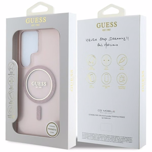 Guess Glitter Circle Classic Logo MagSafe -suojakuori Samsung Galaxy S25 Ultra pinkki