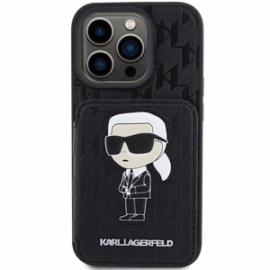 Karl Lagerfeld Saffiano Cardslots and Stand Monogram Ikonik Patch suojakuori iPhone 15 Pro:lle - musta