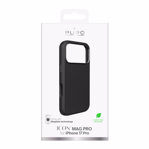 Puro Icon Mag Pro nestesilikoninen Suojakuori iPhone 17 Pro:lle, MagSafe -yhteensopiva, kamerasuojauksella ja alumiinipainikkeilla - musta