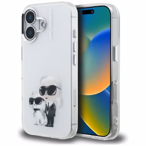 Karl Lagerfeld IML Aquarelle Karl & Choupette & Logo Suojakuori iPhone 16:lle - Valkoinen
