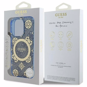 Guess IML Peony On 4G Background MagSafe Suojakuori iPhone 16 Pro:lle - sininen