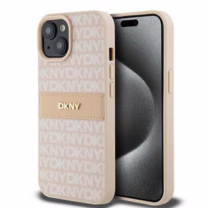 DKNY Nahkainen Mono Raita ja Metallinen Logo Suojakuori iPhone 15 / 14 / 13:lle - vaaleanpunainen