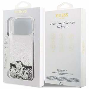 Guess Liq. Glitter Charms Suojakuori iPhone 17 Pro Max:lle - hopeinen