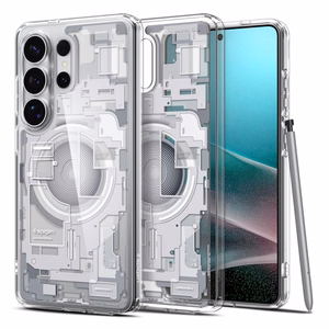 Spigen Ultra Hybrid Mag Zero One suojakuori laitteelle Samsung Galaxy S26 Ultra, MagSafe-yhteensopiva, läpinäkyvä ja valkoinen