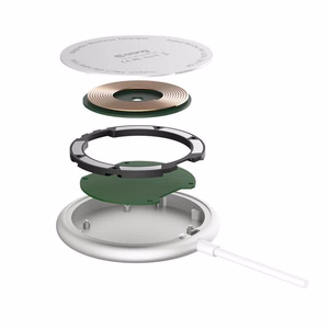 Crong MagSpot alumiininen 15 W magneettinen langaton laturi, MagSafe-yhteensopiva, hopeanvärinen ja valkoinen