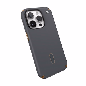 Speck Presidio2 Pro ClickLock MagSafe suojakuori iPhone 15 Pro -laitteelle, hiilenharmaa ja kylmän pronssin sävyinen