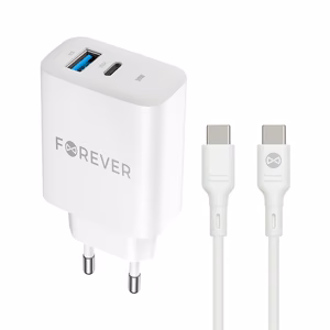 Forever TC-07-30AC PD QC laturi 1x USB-C 1x USB 30W valkoinen + USB-C - USB-C kaapeli 60W