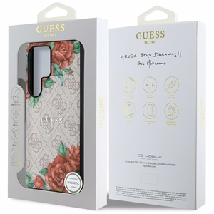 Guess Nahkainen 4G Flowers Print Metal Classic Logo MagSafe Suojakuori Samsung Galaxy S25 Ultralle - vaaleanpunainen