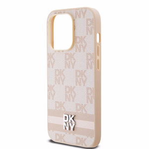 DKNY Nahkainen Checkered Mono Pattern & Printed Stripes Suojakuori iPhone 14 Pro:lle - vaaleanpunainen