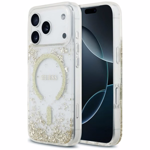 Guess Resin Bottom Glitter MagSafe suojakuori malleille iPhone 18 Pro / 17 Pro, kultainen