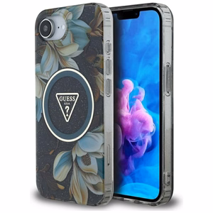 GUESS IML Metal Glitter Flowers Triangle MagSafe Alkuperäinen Suojakuori iPhone 17e/16e:lle - Musta