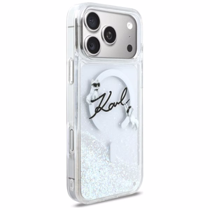 Karl Lagerfeld Liquid Glitter Karl Script Logo MagSafe suojakuori iPhone 17 Pro Max läpinäkyvä