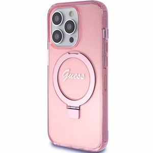 GUESS Suojakuori IPHONE 15 Prolle MagSafe-yhteensopiva GUHMP15LHRSGSP (Glitter Script Logo Ring stand) vaaleanpunainen