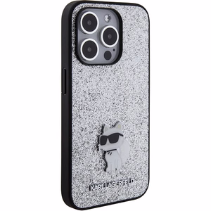 Karl Lagerfeld Fixed Glitter Choupette Logo Metal Pin suojakuori iPhone 15 Pro Max:lle - hopeinen