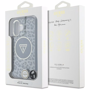Guess HC IML Leopard Triangle Cord Strap MagSafe Suojakuori iPhone 16:lle - musta
