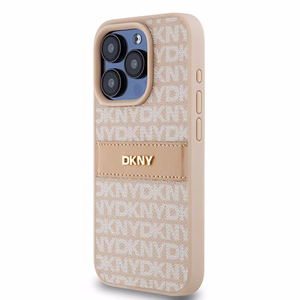 DKNY Nahkainen Mono Raita ja Metallinen Logo Suojakuori iPhone 15 Pro:lle - vaaleanpunainen