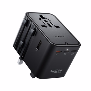 Acefast Z8 GaN 45W matka-sovitin 3x USB-C + 2x USB-A matka-verkkolaturi 2500W AC-pistorasialla - musta
