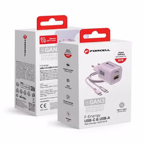 Phone charger Forcell F-Energy GaN III Crystal Color USB C + USB A QC4.0 PD 33W + silicone cable USB C to USB C VT-41 purple 0INT