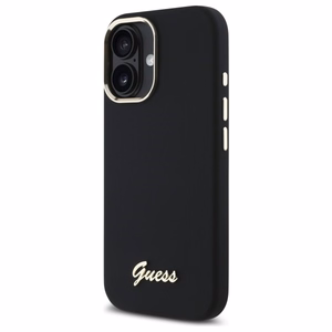 Guess Silicone Script Metal Logo & Frame Case for iPhone 16 - Black