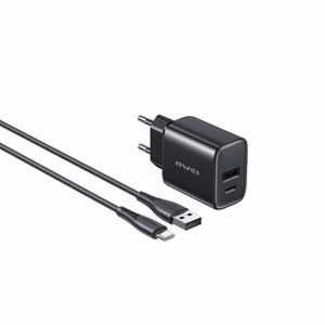 Laturi Awei PD85T-EU 22.5W USB-A/USB-C + USB-A–USB-C kaapeli 1.0m musta