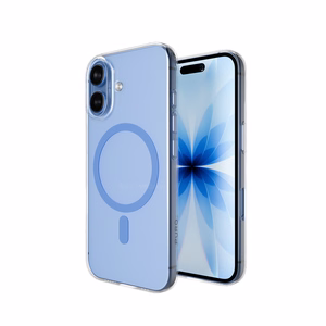 Puro Lite Mag TPU+PC suojakuori MagSafe-yhteensopiva iPhone 17:lle - läpinäkyvä sinisellä renkaalla