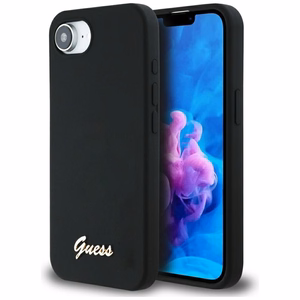 Guess HC Silikoninen Script Metal Logo Suojakuori iPhone 16e:lle - Musta
