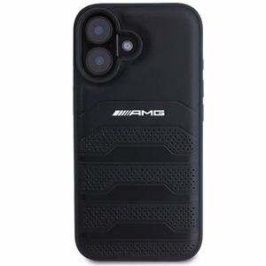 AMG Leather Debossed Lines Black Logo Suojakuori iPhone 16:lle - musta