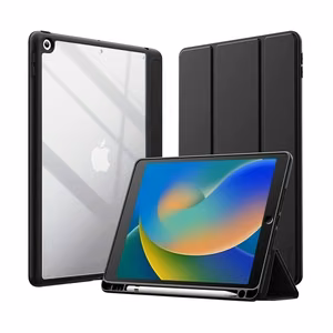 Crong PrimeFolio folio-suojakuori iPad 10.2" (2019–2021) -laitteelle, jalustalla ja Apple Pencil -pidikkeellä, musta ja läpinäkyvä