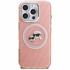 Karl Lagerfeld IML Glitter Karl & Choupette Heads Logo MagSafe suojakuori iPhone 16 Pro Max - vaaleanpunainen