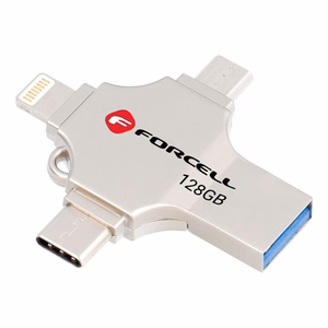 Pendrive 128GB USB 3.2 Gen 1 (USB A / USB C / Lightning / Micro USB) Forcell F-Data Metal Quad hopeinen