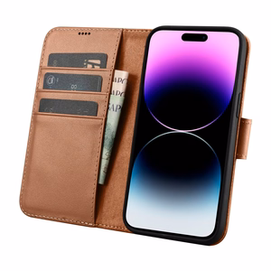 iCarer Lompakko Kotelo 2in1 iPhone 14 Pro Nahka Flip Case Anti-RFID ruskea (WMI14220726-BN)