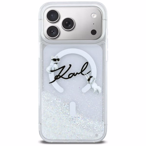 Karl Lagerfeld Liquid Glitter Karl Script Logo MagSafe suojakuori iPhone 17 Pro Max läpinäkyvä