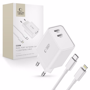 Tech-Protect C35W 2x USB-C PD 35W Wall Charger with USB-C / Lightning Cable - White