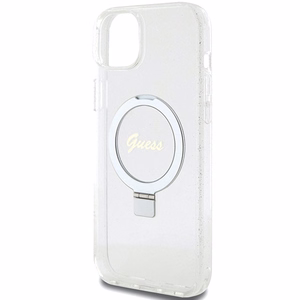 Guess GUHMP15MHRSGSD iPhone 15 Plus / 14 Plus 6.7" Läpinäkyvä/Läpinäkyvä Kova Suojakuori Ring Stand Script Glitter MagSafe