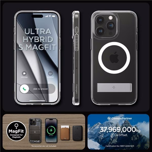Spigen Ultra Hybrid S MagSafe Suojakuori jalustalla iPhone 15 Pro:lle - Läpinäkyvä