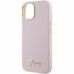 Guess Silicone Script Metal Logo & Frame suojakuori iPhone 15:lle - vaaleanpunainen