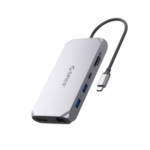 Orico XCR 12-in-1 USB-C-telakointiasema 2x USB-A 3.1 1x USB-A 2.0 1x USB-C PD 100W 1x USB-C 3.1 2x HDMI 2.0 4K 60Hz 1x DisplayPort 1.4 4K 60Hz 1x SD 3.0 1x microSD 3.0 1x RJ45 Gigabit Ethernet 1x audio CTIA 3.5 mm - harmaa
