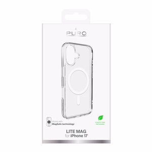 Puro Lite Mag TPU+PC suojakuori MagSafe-yhteensopiva iPhone 17:lle - läpinäkyvä valkoisella renkaalla