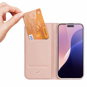 Dux Ducis Skin Pro Suojakuori iPhone 16 Pro Max:lle kansiosella ja korttilokerolla - vaaleanpunainen