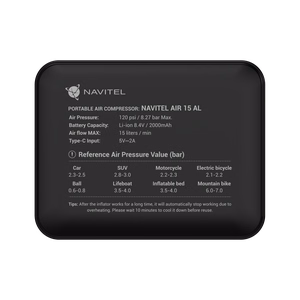 Navitel AIR 15 AL – kannettava ilmakompressori, enintään 120 PSI / 8.27 bar
