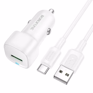 Borofone BZ34 Cloud -autolaturi - USB - QC 3.0 18W ja USB - Type C -kaapeli, valkoinen