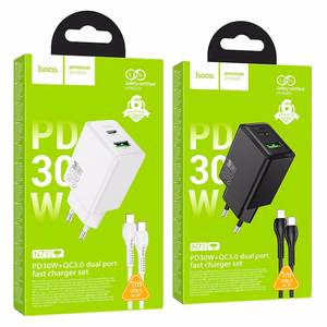 Puhelinlaturi Hoco USB-A + USB-C QC3.0 PD AFC 3A 30W + USB-C - USB-C -kaapeli N71 valkoinen