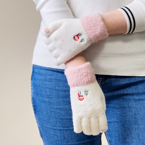 Women's winter telephone gloves with a snowman and a Christmas tree - white and pink